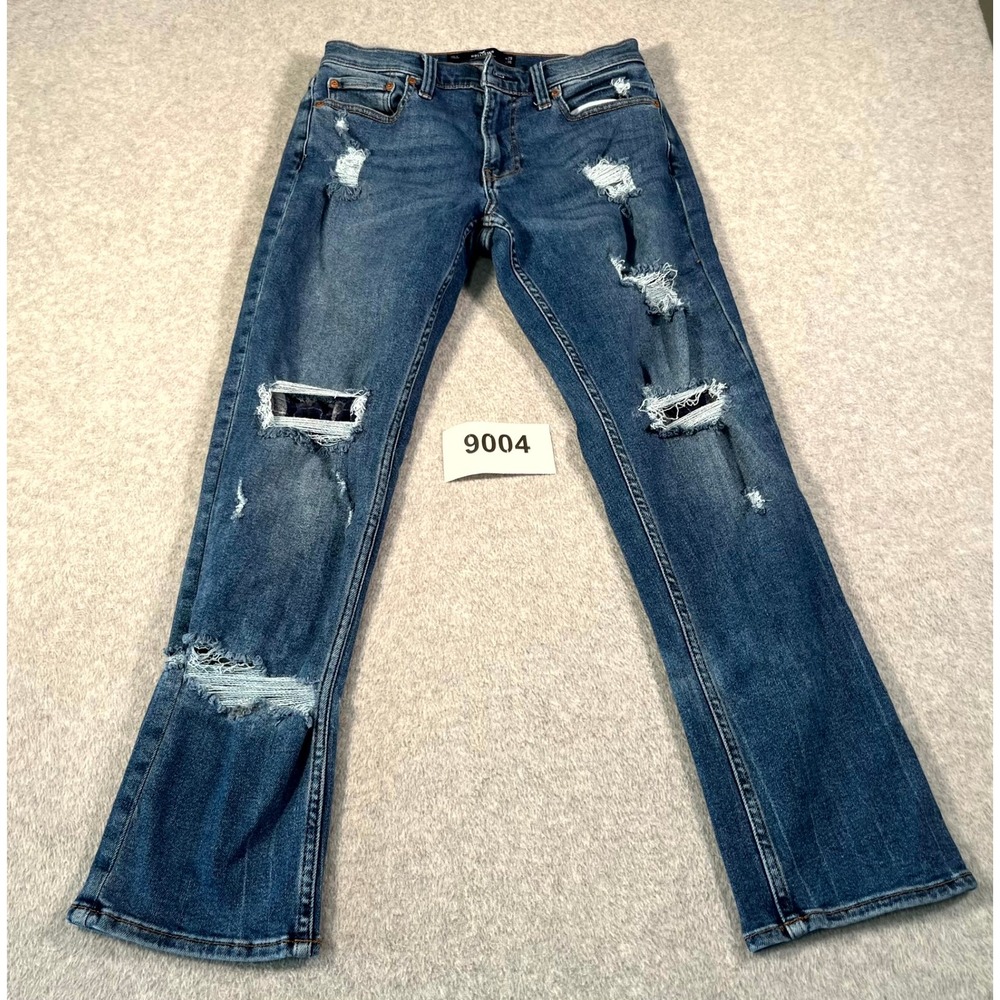 Hollister Slim Straight Jeans Womens 29x30 Blue Denim Whiskers Detail Distressed